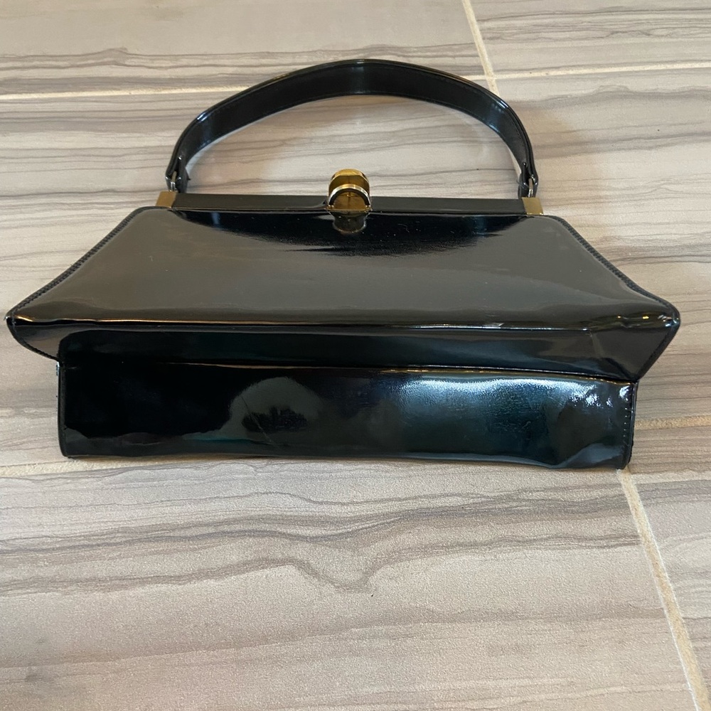 Vintage Bobby Jerome Black Vinyl Satchel Top Handle Purse Gold Hinge Clasp - Picture 11 of 14